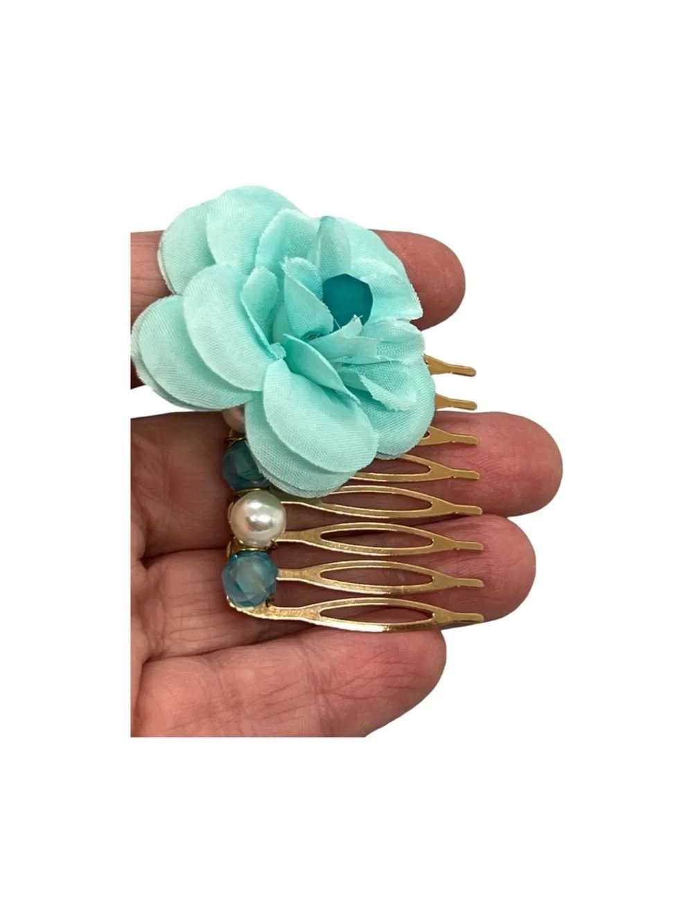Aqua Fabric Flower Hair Comb with Pearl & Crystal Accent FINAL PRICE DROP